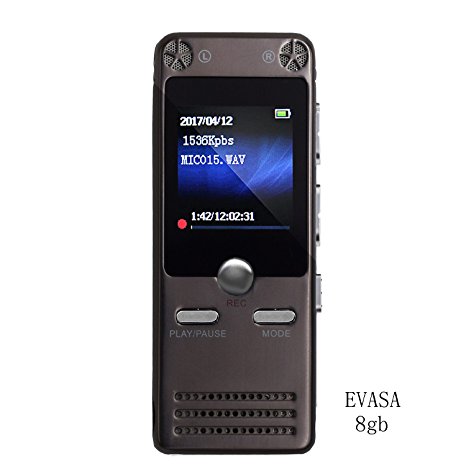Digital Voice Recorder by EVASA,FM Radio,Mp3 Player,8GB Portable HD Dual-Mic Recorder,Voice Activated,Noise Cancelling,Premium Quality Metal Casing Dictaphone(Ruthenium/Gray)
