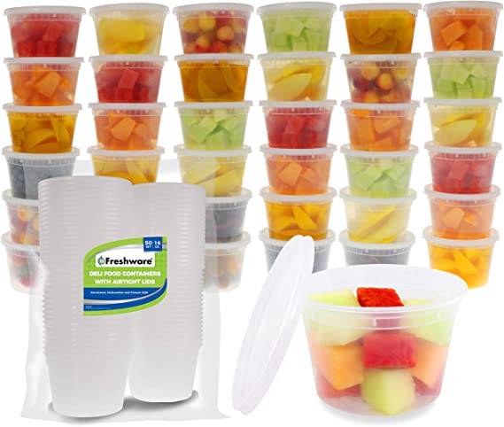 Freshware Food Storage Containers [50 Set] 16 oz Plastic Deli Containers with Lids, Slime, Soup, Meal Prep Containers, BPA Free, Stackable, Leakproof, Microwave, Dishwasher and Freezer Safe