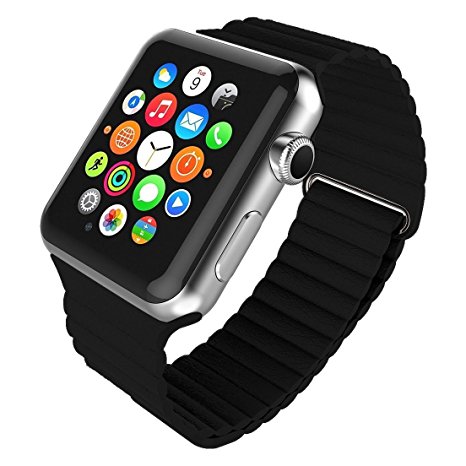 HelloGiftify Apple Watch Band 38mm, Leather Loop with Adjustable Magnetic Closure Replacement Strap Wrist Band for iWatch iPhone Bracelet Strap - Black