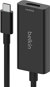 Belkin USB Type C to HDMI 2.1 Adapter, Tethered 4.33in Cable with 8K@60Hz, 4K@144Hz, HDR, HBR3, DSC, HDCP 2.2, USB-IF Certified for Chromebook, Macbook, iPad Pro and other USB C Devices