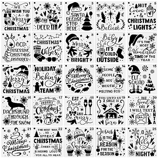 25-Pack Christmas Decoration Stencils 6 x 6 Inch Painting Templates for Scrapbooking Cookie Tile Furniture Wall Floor Decor Craft Drawing Tracing DIY Art Supplies