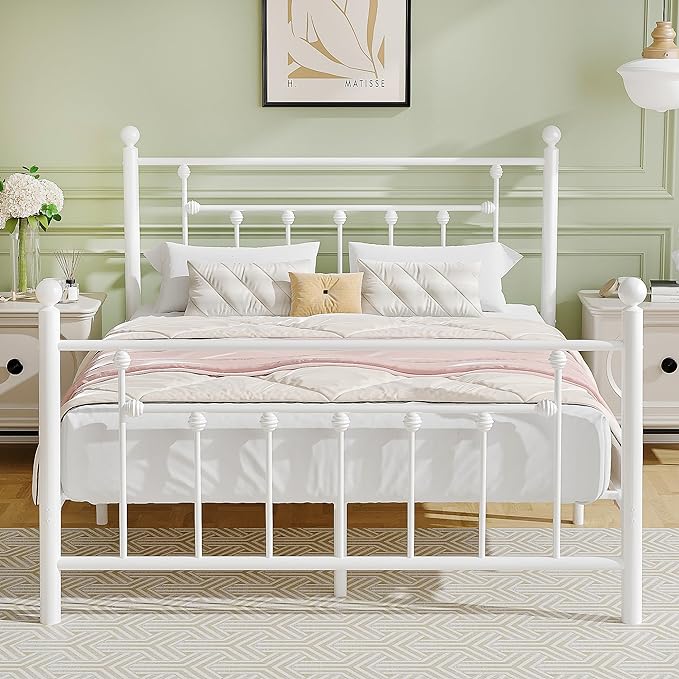 VECELO Queen Size Metal Platform Bed Frame with Headboard and Footboard, Heavy Duty Slat Support/No Box Spring Needed Mattress Foundation/Underbed Storage Space, Victorian Style