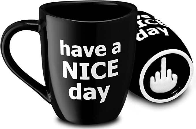 Decodyne Have a Nice Day Coffee Mug, Funny Cup with Middle Finger on the Bottom 14 oz. (Black)