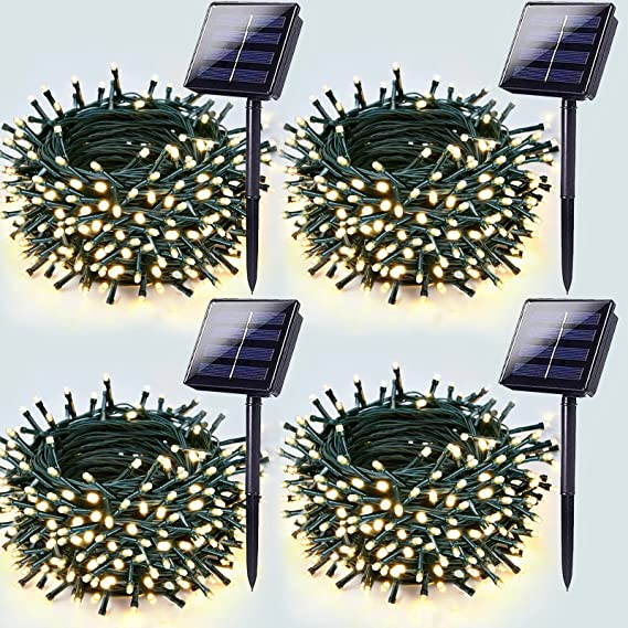 4-Pack 180FT Solar Christmas Lights Outdoor Waterproof, 320 LED Solar String Lights, 8 Lighting Modes Green Wire Solar Xmas Tree Lights (Warm White)