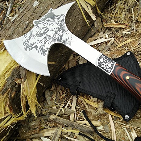 Outdoor Full Tang Survival Camping Hatchet, Tactical Camp Axe with Sheath, Satin Polished Axe Head with Spike and Wolf Pattern, Rose Wood Handle, Perfect for Hiking, Hunting [Genuine Product]