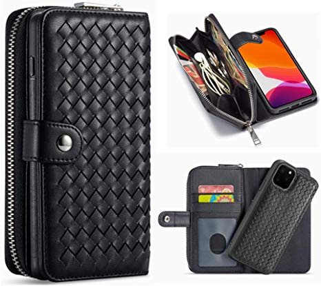 iPhone 11 Pro Max Wallet Case,Hynice Women PU Leather Magnetic Detachable Case with Zipper Pocket Removable Shockproof Slim Back Cover for iPhone 11 Pro Max 6.5 inch(Weave-Black, iPhone 11 Pro Max)