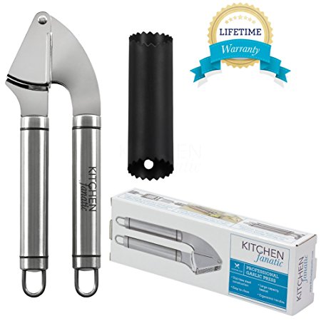Stainless Steel Garlic Press by Kitchen Fanatic, with Silicone Garlic Peeler, Ergonomic, Pro-Quality
