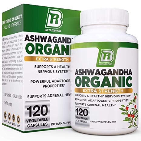 BRI Nutrition Ashwagandha Organic - Premium Stress & Anxiety Relief w/Energy Boost & Calm, 1400mg Per Serving - 2 Vegetarian Vegetable Capsules (120 Count)