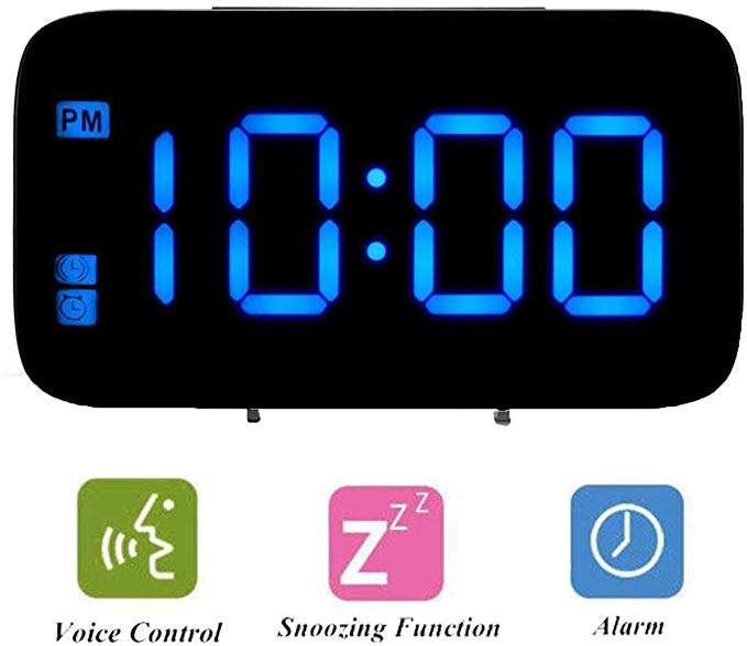 ALLOMN Digital Alarm Clock, Voice Control Smart Travel Clock Desktop Table Bedside Clock LED Display Snooze Function, Night Backlight, USB & AAA Batteries Powered (Blue)