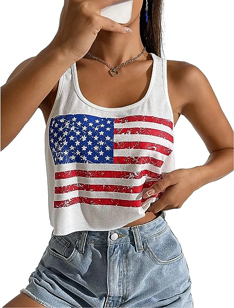 Women's Sexy American Flag Crop Tank 4th of July Patriotic Sleeveless Tee Tops
