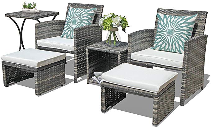 OC Orange-Casual Outdoor Wicker Furniture Set 6 Piece Patio Conversation Chat Set with Ottoman & Storage Side Table | Lawn Pool Balcony