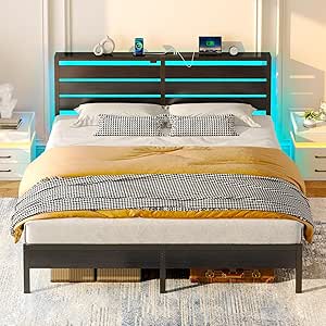 Rolanstar Bed Frame King Size with USB Charging Station, LED Bed Frame with Wood Storage Headboard, Black Metal Platform Bed with Under Bed Storage, No Box Spring Needed, Noise Free