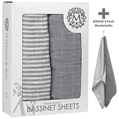Margaux & May Bassinet Sheets | Premium Muslin Cotton | 2 Pack | Perfect for Baby Girl/Boy | Ultra Breathable | Fitted - Stretch to fit Oval & Rectangle - Solid Grey & Stripes Design