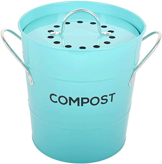 INDOOR KITCHEN COMPOST BIN by Spigo, Great for Food Scraps, Includes Charcoal Filter For Odor Absorbing, Removable Clean Plastic Bucket, Handles, Durable Stainless Retro Design, 1 Gallon, Turquoise