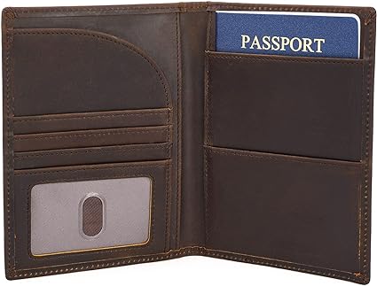 Polare Full Grain Leather Passport Holder RFID Blocking Travel Bifold Wallet Passport Holders 2 Passports, Dark Brown, Slim