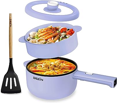 Dezin Hot Pot Electric with Steamer Upgraded, Non-Stick Sauté Pan, Rapid Noodles Electric Pot, 2L Mini Portable Hot Pot for Steak, Egg, Fried Rice, Ramen, Oatmeal, Soup with Power Adjustment (Egg Rack Included)