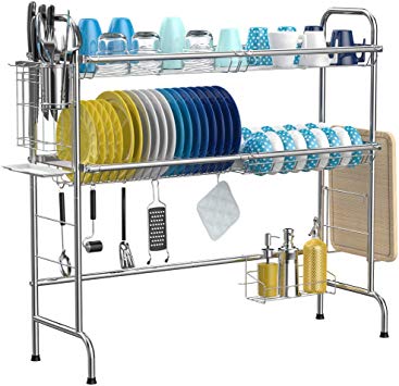 Over The Sink Dish Drying Rack, iSPECLE 2-Tier 201 Stainless Steel Dish Rack with Utensil Holder Hooks Stable Bend Foot for Kitchen Counter Non-Slip