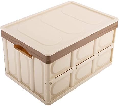 MoKo 30L Collapsible Storage Bins, Durable Plastic Folding Utility Crates Stackable Storage Container Storage Box with Attached Lid for Toys, Books and Files - Khaki