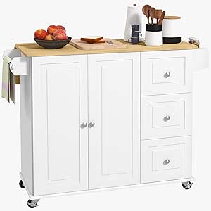 HOMCOM Kitchen Island with Drop Leaf, Rolling Kitchen Cart on Wheels with 3 Drawers, Cabinet, Natural Wood Top, Spice Rack and Towel Rack (White)