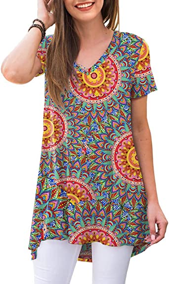 AWULIFFAN Women's Summer Casual Short Sleeve V-Neck T-Shirt Tunic Tops Blouse Shirts