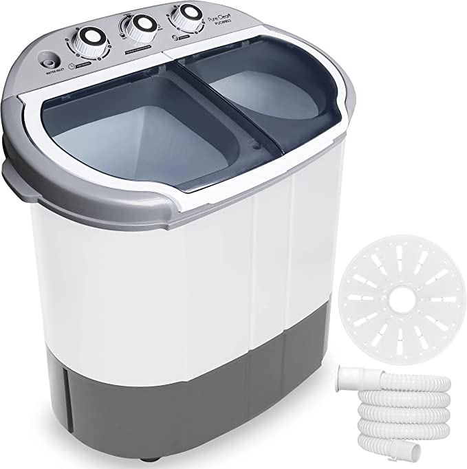 Compact Home Washer & Dryer, 2 in 1 Portable Mini Washing Machine, Twin Tubs, 11lbs. Capacity, 110V, Spin Cycle w/Hose, Translucent Tub Container Window, Ideal for Smaller Laundry Loads