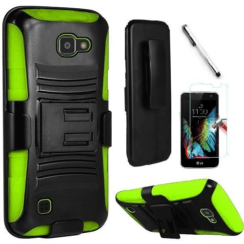 TracFone LG Rebel 4G LTE / LG K4 VS425 case, Luckiefind Dual Layer Hybrid Side Kickstand Cover Case With Holster Clip, Stylus Pen, Tempered Glass Screen Protector Accessory (Holster Green)