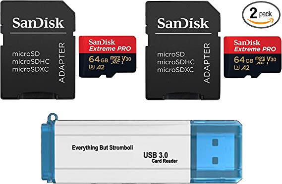 SanDisk 64GB Micro SDXC Extreme Pro Memory Card (Two Pack) Works with GoPro Hero 7 Black, Silver, Hero7 White UHS-1 U3 A2 Bundle with (1) Everything But Stromboli 3.0 Micro/SD Card Reader