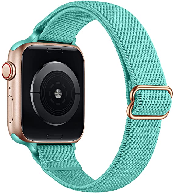 SICCIDEN Slim Stretchy Solo Loop Bands Compatible with Apple Watch Band 44mm 42mm 40mm 38mm, Women Elastics Nylon Thin Band Strap for iWatch SE Series 6 5 4 3 2 1 (Turquoise/Rose Gold, 40mm 38mm)