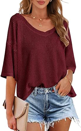 MEROKEETY Women's V Neck Batwing Half Sleeve Shirts Waffle Knit Loose Blouse Solid Color Tops