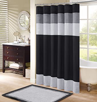 Comfort Spaces Windsor Bathroom Shower Pieced Ruffle Pattern Modern Elegant Microfiber Fabric Bath Curtains, 72x72, Black