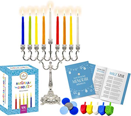 Complete Chanukah Menorah Set - Silver-Plated Classic Menorah, 45 Multicolored Candles, 5 Plastic Multicolored Dreidels & Hanukkah Play Coins, Hanukkah Booklet, Hanukkah Instruction Game Card