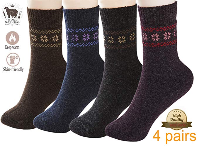 Pack of 4 Winter Warm Wool Socks Sports Socks Hiking Knit Crew Socks for Women