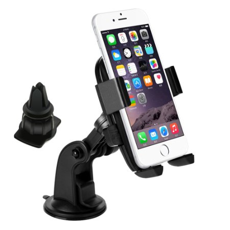 3 in 1 Phone Car Holder - TURATA Mobile Phone Holder  Cars Mount  Car Cradle Work on Windshield and Air Vent and Dashboard 360 Degree Rotating and Lock Holder and Quick Fix Button for iPhone 4566S Plus and Samsung Sony Android Smart Phone