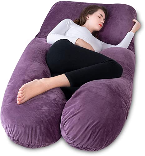 Meiz Pregnancy Pillow with Velvet Cover，Adjustable Belt and Detachable Extension, U-Shape Full Body Pillow for Support Back, Hips, Legs and Belly (Purple)
