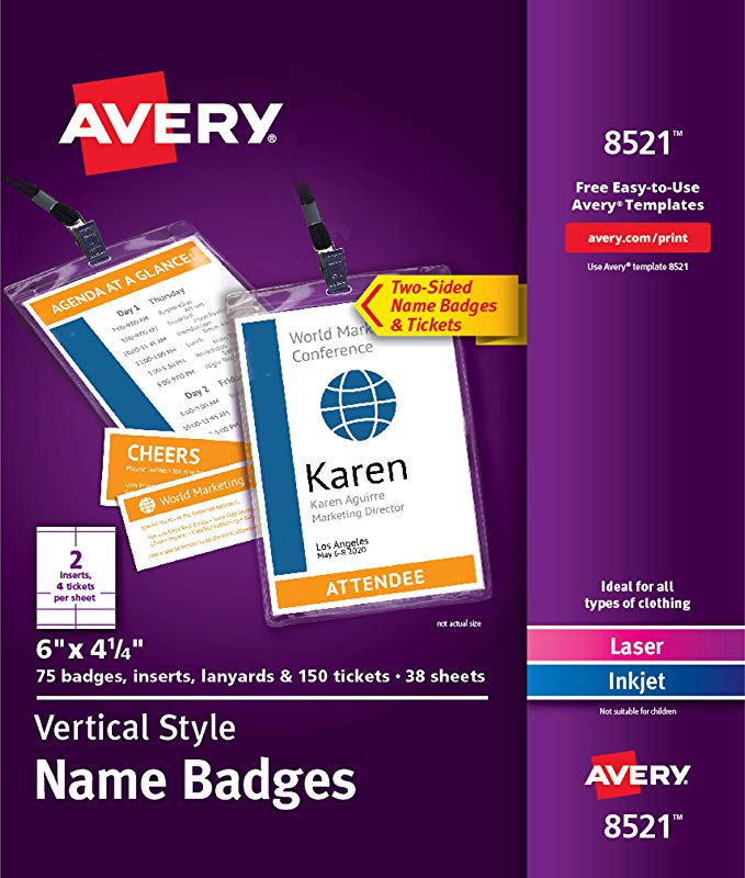 Avery Vertical Name Badges, 6" x 4.25", 75 Name Badges, Plastic Holders, Inserts and Lanyards and 150 Tickets Included (8521)