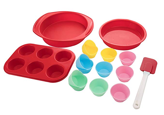 Aokinle Silicone Bakeware Set-16 Piece Baking Molds Non Stick Muffin Pan,Round Cake Pan,Cake Cups Molds,Spatula,Red