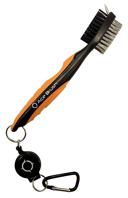 Golf Brush and Club Groove Cleaner By Ace Golf in 8 Different Colors, 2 Ft Retractable Zip-line Aluminum Carabiner, Lightweight and Stylish, Ergonomic Design, Easily Attaches to Golf Bag