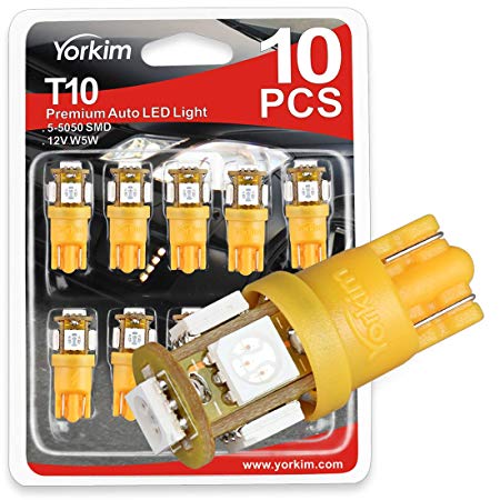 Yorkim T10 194 LED Bulbs 6500K Non Polarity 6th Generation for Car Interior Lights, LED Plate Light, Turn Signal Lights and Corner Lights – W5W 168 2825 T10 194 Wedge LED Bulb, Pack of 10 - Yellow