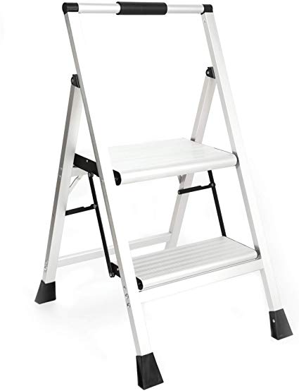 Topfun Lightweight Aluminum 2 Step Ladder Folding Step Stool Non-Slip Wide Platform Eva Handle Ultra-Light Sturdy Ladder 225lbs Capacity Fully Assembled Multi-Use for Household and Office