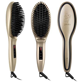 Gisala Metal Ceramic Heater Hair Straightening Brush, Auto Lock, Anti Scald, Zero Damage, Adjustable Temperature, Instant Heat Up Professional Hair Straightener (Golden)