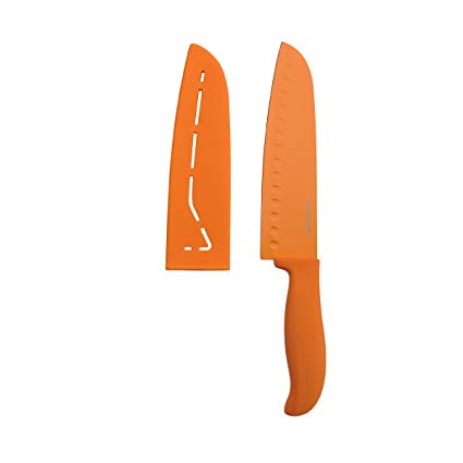 Farberware 5077241 Non-Stick Resin Santoku Knife with Sheath and Contoured Handle, 7-Inch, Orange