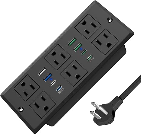 45W Type-C Recessed Power Socket,PD Fast Charging USB-C QC3.0 3A USB-A Power Strip, Plug in 6 Outlets & 4 USB-A Ports &4 USB-C Port (Black)