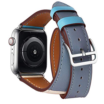 Genuine Leather Watch Band 40mm 38mm Wrist Strap Replacement for 40 mm Series 4 and Series 1 2 3 38 mm Replace Smartwatch Double Tour Loop Bracelet (Double -Gray Blue/Beige/Deep Blue, 38/40 mm)