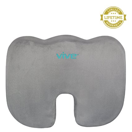 Coccyx Seat Cushion by Vive - Best Orthopedic Memory Foam for Comfort - Ergonomic Design for Office Chair Car  Automobile Bleacher Wheelchairs - Lifetime Guarantee Gray
