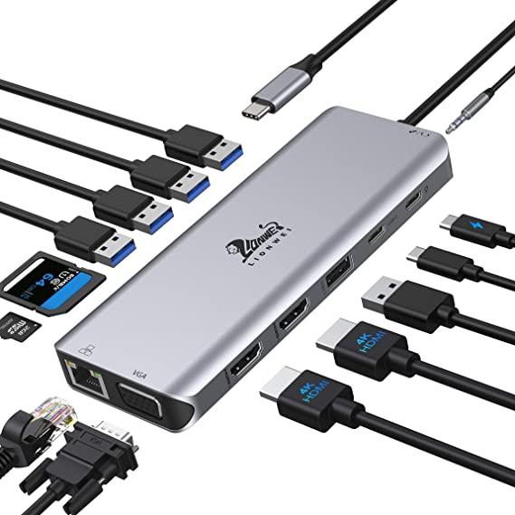 USB C Docking Station Dual Monitor, USB C Hub Dual HDMI Adapter to Dual 4K HDMI,VGA,Ethernet,5 USB,SD/TF Card Reader,100W PD,Audio for MacBook Pro Air, Dell XPS 13/15, HP x360 and More Type-C Laptops