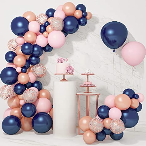 121 PCS Gender Reveal Party Supplies Rose Gold Navy Blue and Pink Latex Confetti Pearlescent Balloons Garland Arch Kit for Birthday Party Baby Shower Decorations