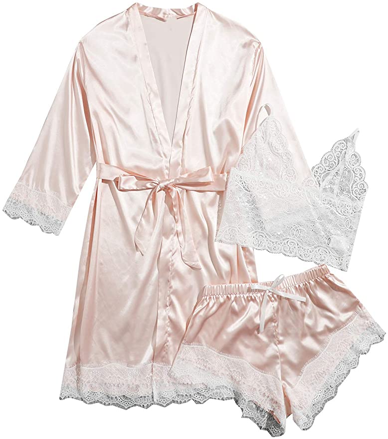 DIDK Women's Lace 3 Piece Satin Robe and Pajama Set with Robe Camisole Sleep Shorts