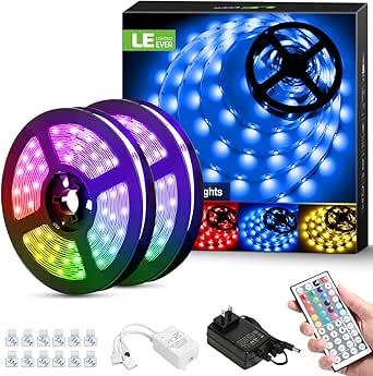 Lighting EVER LED Strip Lights, 32.8ft RGB LED Strip Lights with 44 Keys IR Remote and 12V Power Supply, Flexible Color Changing 5050 300 LEDs Light Strips Kit for Bedroom, Home, Kitchen (2X16.4FT)