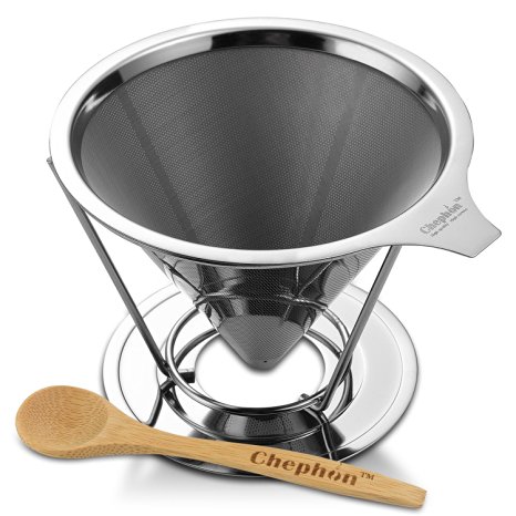 Chephon Paperless Pour Over Coffee Dripper - Stainless Steel Reusable Clever Coffee Filter Cone with Base Holder and Bamboo Stirring Spoon (1-4 Cup)