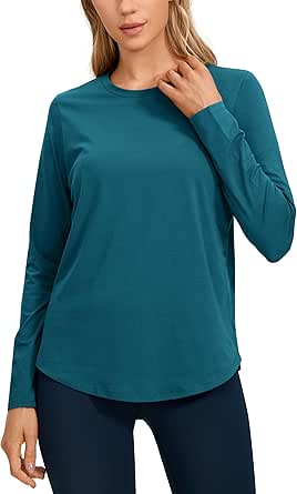 CRZ YOGA Pima Cotton Workout Long Sleeve Shirts for Women Athletic Crewneck Yoga Casual Tops Plain T-Shirt